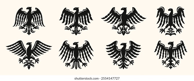 Heraldic eagle with spread wings, symbol set. Coat of arms bird hawk emblem. Design elements vector illustration