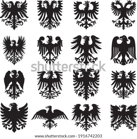 Heraldic eagles black white silhouettes set