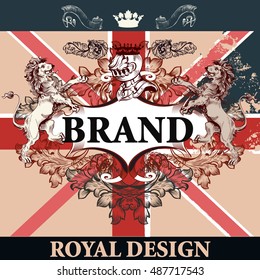 Heraldic elegant design with British flag, lions, ornament and frame, royal design. Ideal for identity, logotypes, menu, T-shirt prints