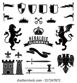 Heraldic elements black white set with crests and crowns flat isolated vector illustration 