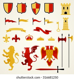 Heraldic elements and emblems set with lion two-headed eagle and sword flat isolated vector illustration 