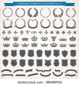 Heraldic Elements Laurel Wreaths, Crowns, Ribbon Banners, Shields, Royal Lily Collection Vector