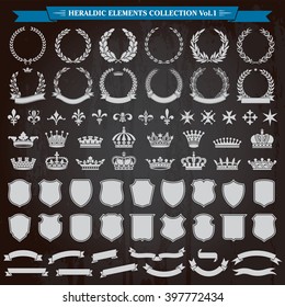 Heraldic elements laurel wreaths, crowns, ribbon banners, shields, royal lily collection vector