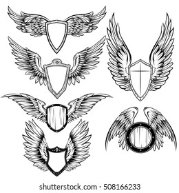 Heraldic elements monochrome set with bird wings and shields of different shape and texture isolated vector illustration