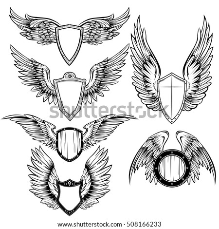 Heraldic elements monochrome set with bird wings and shields of different shape and texture isolated vector illustration