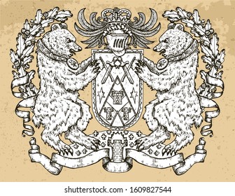 Heraldic emblem with bear beast holding shield on texture background. Hand drawn engraved illustration with mythology and fantasy creatures, medieval coat of arms, design tattoo and logo concept