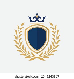 Emblema heráldico com escudo azul, coroa de louro dourado e coroa  
