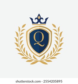 Heraldic Emblem with Blue Shield, Gold Laurel Wreath, and Crown 'Q'