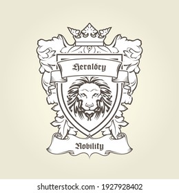 Heraldic emblem, coat of arms with head of lion on shield with crown, blazon, vector