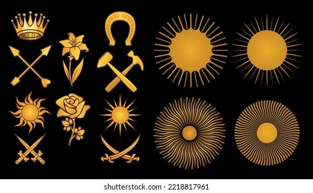 Heraldic emblem elements set, sun logo, crown, horseshoe, arrows, ax hammer tools, rose, lily