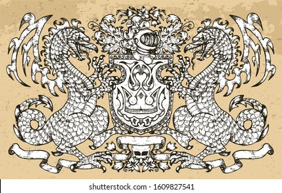 Heraldic emblem with fairy dragon holding shield isolated on texture background. Hand drawn engraved illustration with mythology and fantasy creatures, medieval coat of arms, design tattoo 