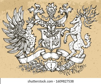 Heraldic emblem with fairy rooster bird and deer with big horns on texture background. Hand drawn engraved illustration with mythology and fantasy creatures, medieval coat of arms