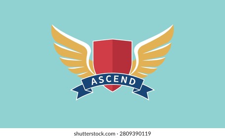 Heraldic emblem featuring a blank red shield flanked by golden wings and a blue ribbon with the text ascend on a soft teal background.