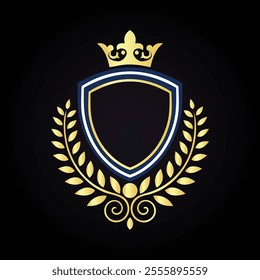 Heraldic emblem featuring a shield crowned with gold and framed by laurel branches on a black background  
