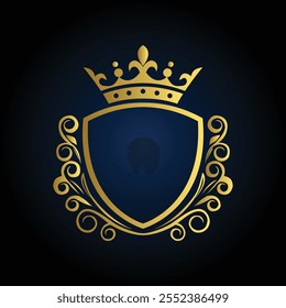 Emblema Heráldico com Escudo Dourado, Coroa e Rolagem no Gradiente Azul Escuro