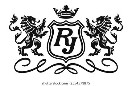 Heraldic emblem with lions, shield and crown. Royal coat of arms vector illustration