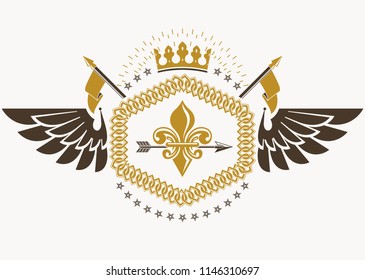 Heraldic emblem made using graphic elements like bird wings, flags and royal crown, vector illustration.