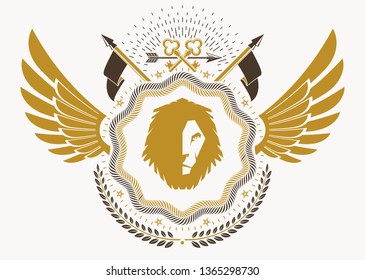 Heraldic emblem made using graphic elements like bird wings and wild lion, vector illustration.