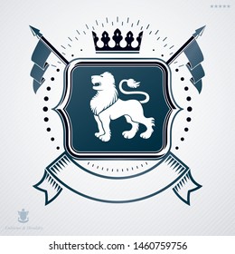 Heraldic emblem made using graphic elements like monarch crown and wild lion, vector illustration.