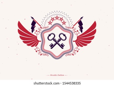 Heraldic emblem made using graphic elements like bird wings, keys and pentagonal stars, vector illustration.