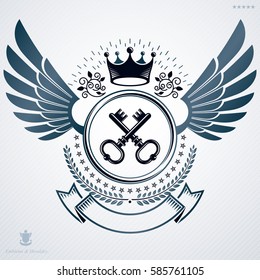 Heraldic emblem made using graphic elements like wings, security keys and monarch crown, vector illustration.