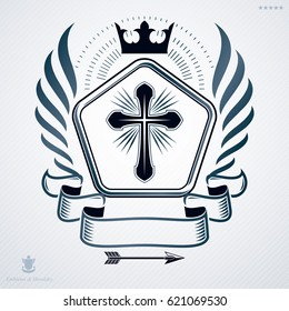 Heraldic emblem made using graphic elements like wings, monarch crown and Christian cross, vector illustration.