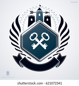 Heraldic emblem made using graphic elements like tower, crown and flags, vector illustration.