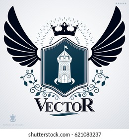 Heraldic emblem made using graphic elements like imperial crown and medieval castle, vector illustration.