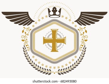 Heraldic emblem made using graphic elements like bird wings, religious cross and royal crown, vector illustration.