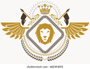 Heraldic emblem made using graphic elements like bird wings, wild lion and royal crown, vector illustration.