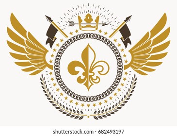 Heraldic emblem made using graphic elements like bird wings and royal crown, vector illustration.
