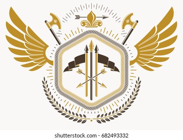 Heraldic emblem made using graphic elements like bird wings, hatchets and armory, vector illustration.
