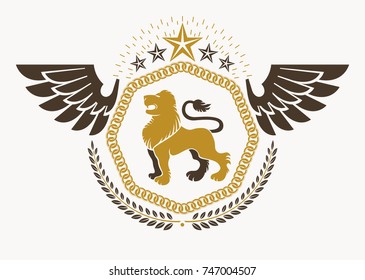 Heraldic emblem made using graphic elements like bird wings, wild lion and pentagonal stars, vector illustration.