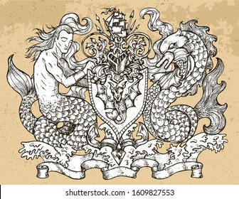 Heraldic emblem with mermaid and monster fish dolphin on texture background. Hand drawn engraved illustration with mythology and fantasy creatures, medieval coat of arms, design tattoo