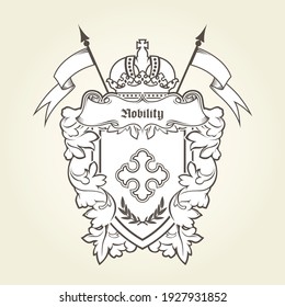 Heraldic emblem - royal coat of arms with imperial symbols, shield and crown, vector