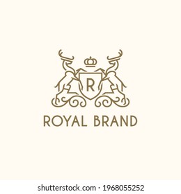 Heraldic emblem with shield, crown and two deers. Logo design template. Linear style. Vector illustration.