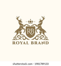 Heraldic emblem with shield, crown and two deers. Logo design template. Vector illustration.