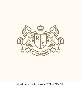 Heraldic emblem with shield, crown and two horses. Logo design template. Linear style. Vector illustration.