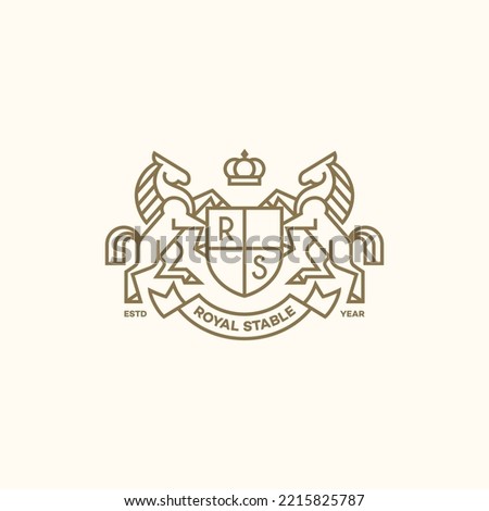 Heraldic emblem with shield, crown and two horses. Logo design template. Linear style. Vector illustration.