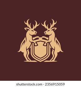 Heraldic emblem with shield, two deers. Logo design template. Vector illustration.