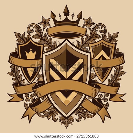 Heraldic emblem with shields crowns and ornate floral scrolls crest