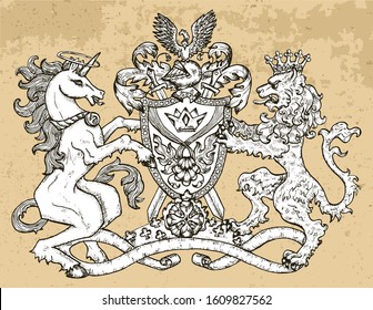 Heraldic emblem with unicorn and fairy lion beast on texture background. Hand drawn engraved illustration with mythology and fantasy creatures, medieval coat of arms, design tattoo and logo concept