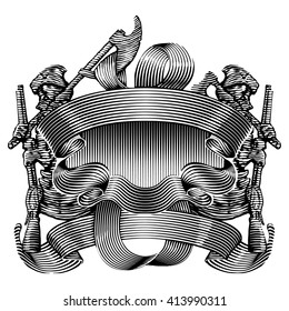 The heraldic emblem of warriors in armor with weapons 