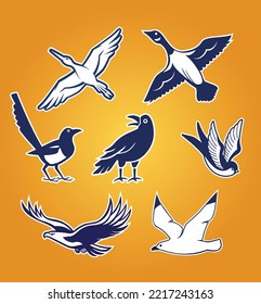 Heraldic emblem wild birds, crane duck magpie raven swallow eagle seagull
