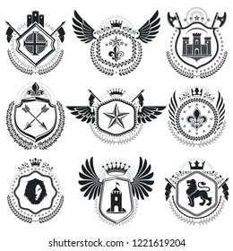 Heraldic emblems isolated vector illustrations. Collection of symbols in vintage style.