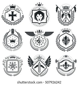 Heraldic emblems isolated vector illustrations. Collection of symbols in vintage style.