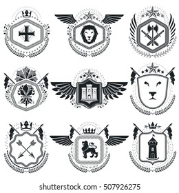 Heraldic emblems isolated vector illustrations. Collection of symbols in vintage style.