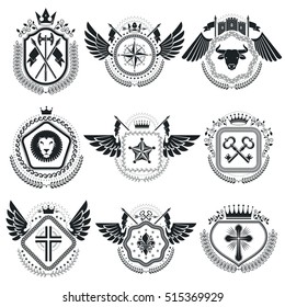 Heraldic emblems isolated vector illustrations. Collection of symbols in vintage style.