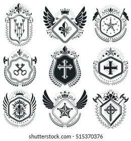 Heraldic emblems isolated vector illustrations. Collection of symbols in vintage style.