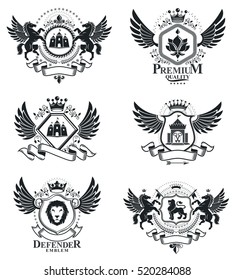 Heraldic emblems isolated vector illustrations. Collection of symbols in vintage style.